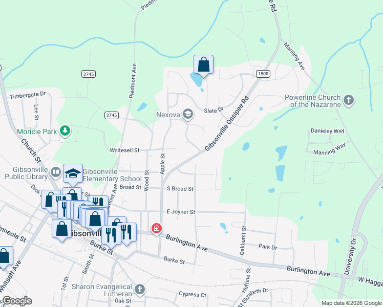 map of restaurants, bars, coffee shops, grocery stores, and more near 615 Ossipee Street in Gibsonville