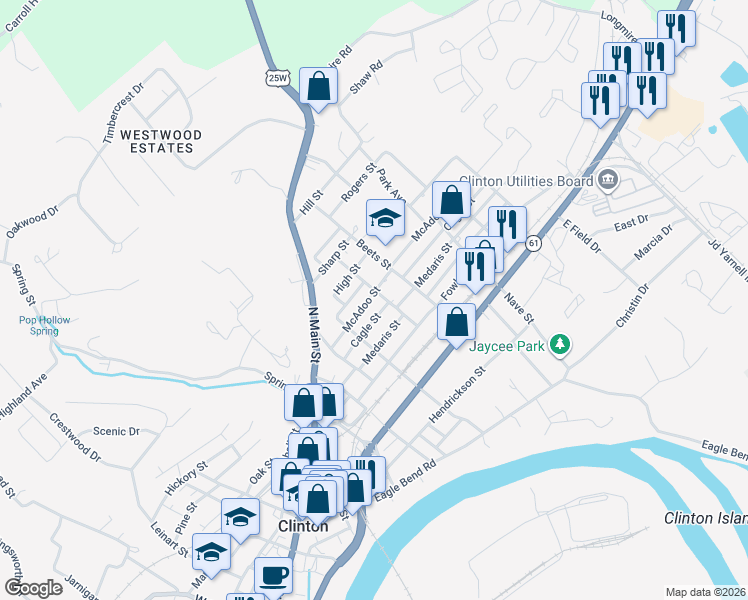 map of restaurants, bars, coffee shops, grocery stores, and more near 210 Scruggs Avenue in Clinton