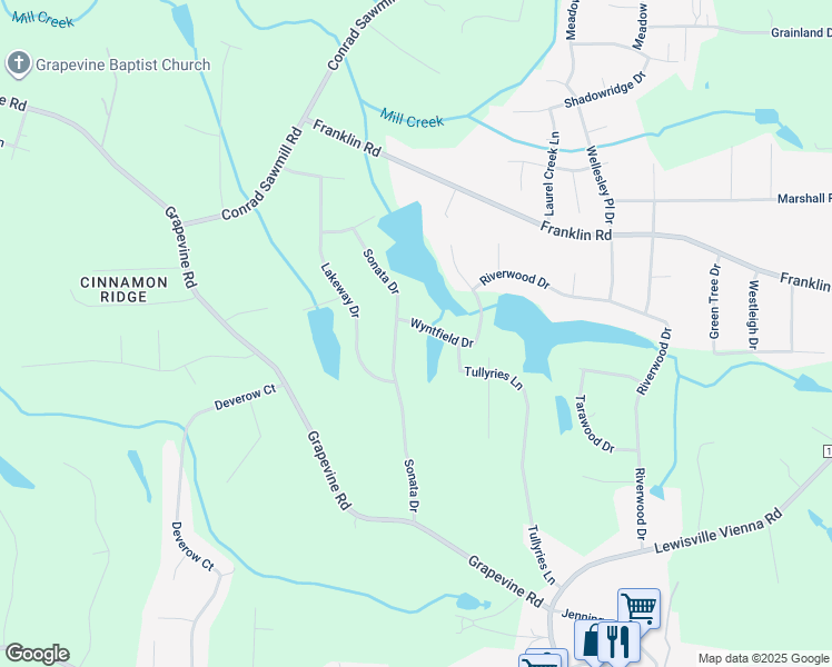 map of restaurants, bars, coffee shops, grocery stores, and more near 204 Wyntfield Drive in Lewisville