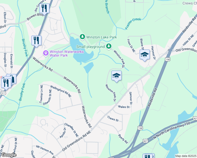 map of restaurants, bars, coffee shops, grocery stores, and more near Water Works Road in Winston-Salem