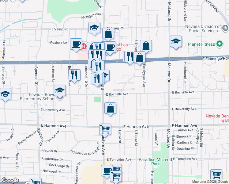 map of restaurants, bars, coffee shops, grocery stores, and more near 2469 Swan Lane in Las Vegas