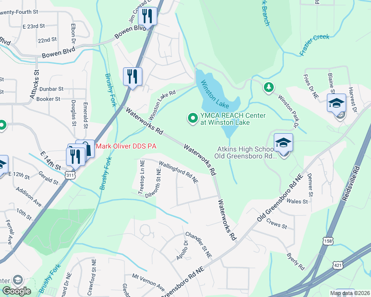 map of restaurants, bars, coffee shops, grocery stores, and more near 2631 Wallingford Road Northeast in Winston-Salem