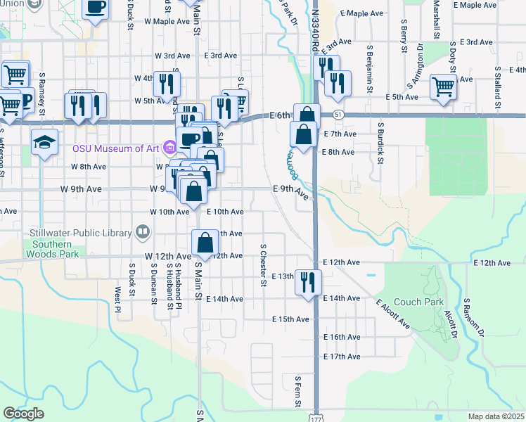map of restaurants, bars, coffee shops, grocery stores, and more near 400 East 10th Avenue in Stillwater