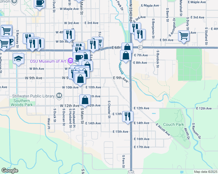 map of restaurants, bars, coffee shops, grocery stores, and more near 400 East 10th Avenue in Stillwater
