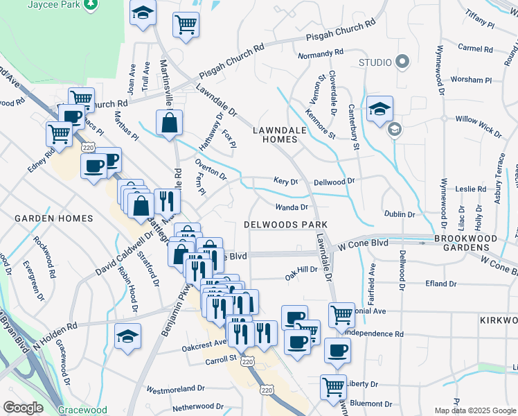 map of restaurants, bars, coffee shops, grocery stores, and more near 3104 Branchwood Drive in Greensboro