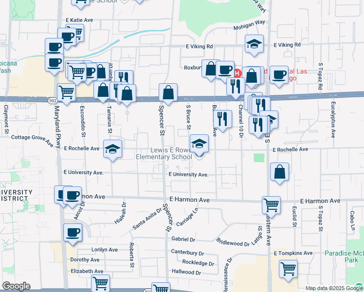 map of restaurants, bars, coffee shops, grocery stores, and more near 1880 East Rochelle Avenue in Las Vegas
