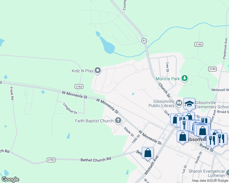 map of restaurants, bars, coffee shops, grocery stores, and more near 734 Dick Street in Gibsonville