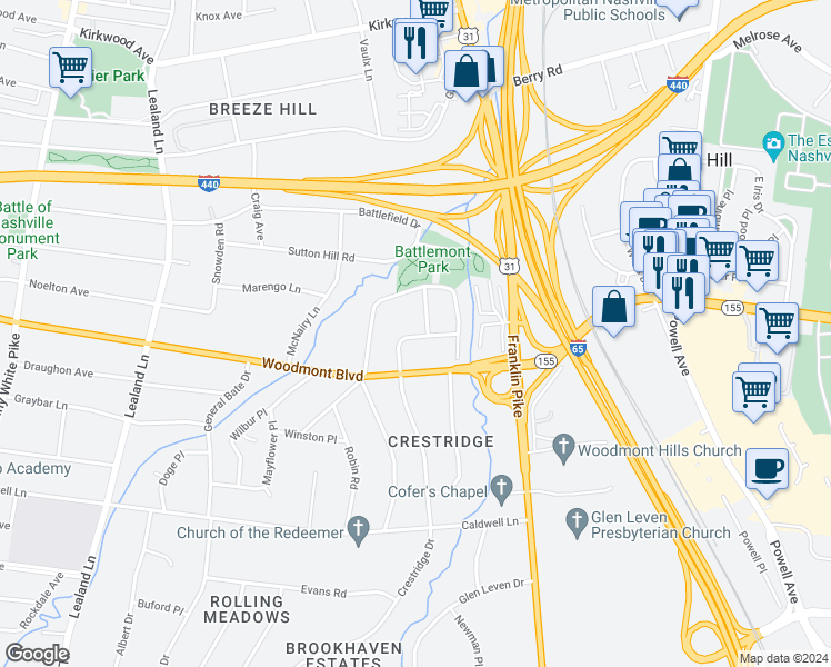 map of restaurants, bars, coffee shops, grocery stores, and more near 837 Crestridge Drive in Nashville