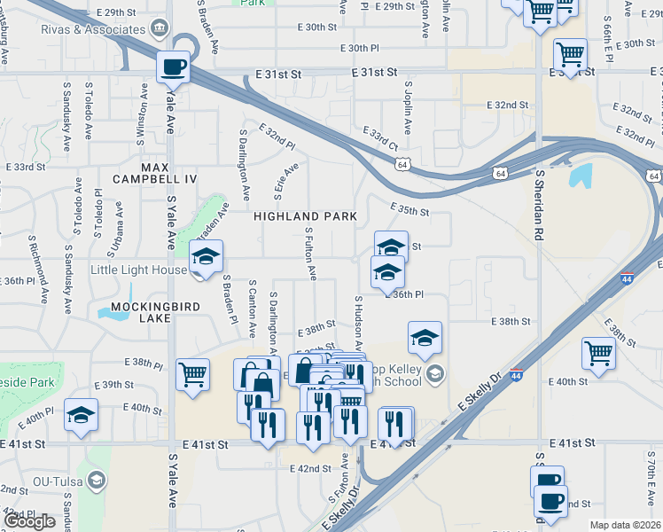 map of restaurants, bars, coffee shops, grocery stores, and more near 5523 East 37th Street in Tulsa