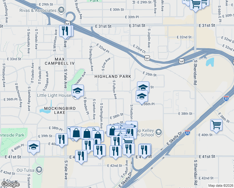 map of restaurants, bars, coffee shops, grocery stores, and more near 5409 E 37th St in Tulsa