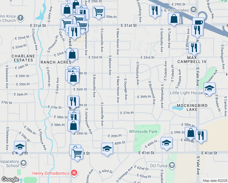map of restaurants, bars, coffee shops, grocery stores, and more near 3741 East 36th Place in Tulsa