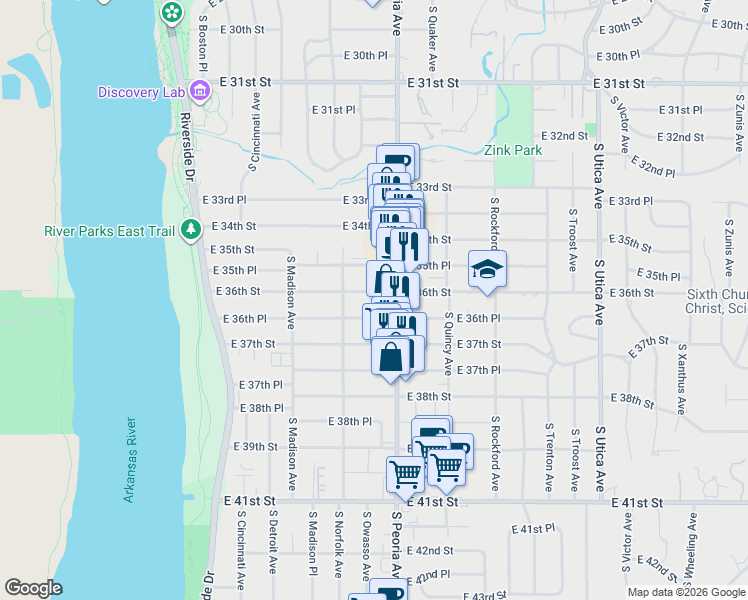 map of restaurants, bars, coffee shops, grocery stores, and more near in Tulsa