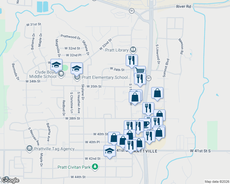 map of restaurants, bars, coffee shops, grocery stores, and more near 3506 Everett Drive in Sand Springs