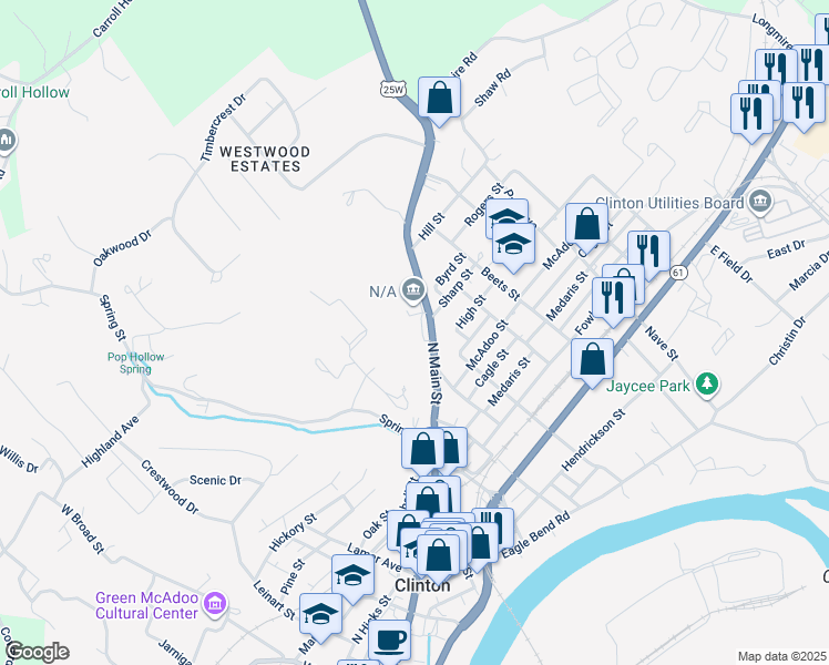map of restaurants, bars, coffee shops, grocery stores, and more near 708 North Main Street in Clinton