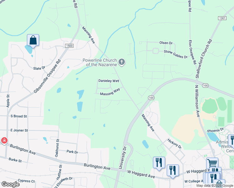 map of restaurants, bars, coffee shops, grocery stores, and more near 109 Manning Way in Elon