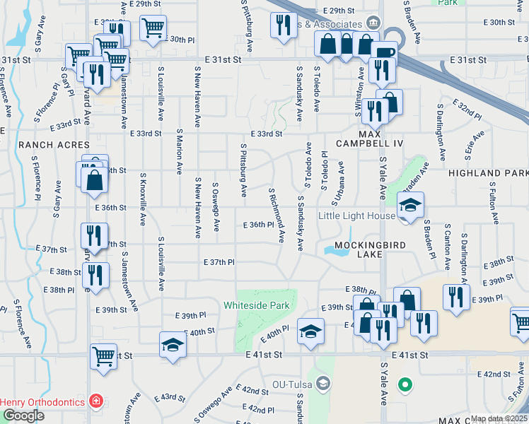 map of restaurants, bars, coffee shops, grocery stores, and more near 4141 East 36th Place in Tulsa