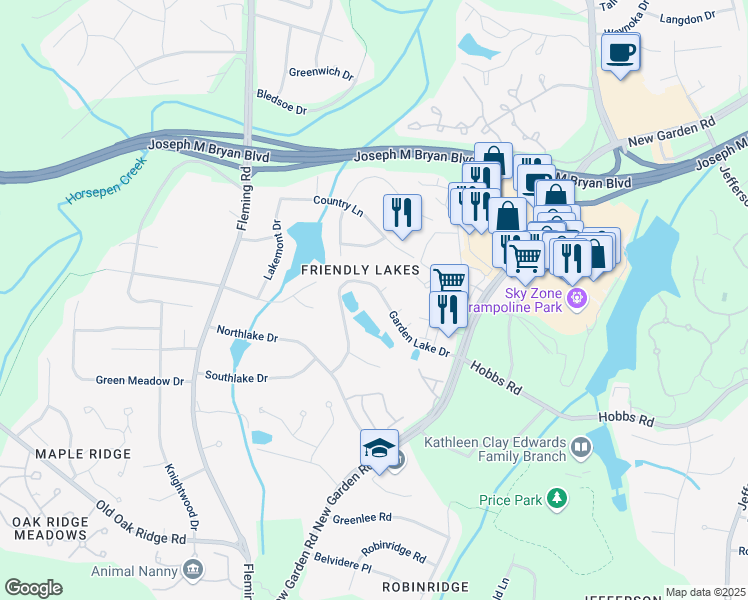 map of restaurants, bars, coffee shops, grocery stores, and more near 5425 Garden Lake Drive in Greensboro