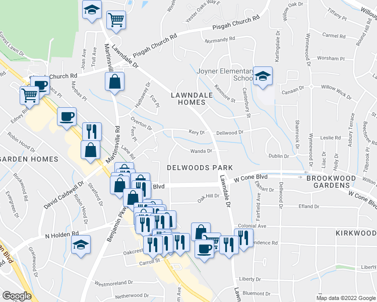 map of restaurants, bars, coffee shops, grocery stores, and more near 2213 Wanda Drive in Greensboro