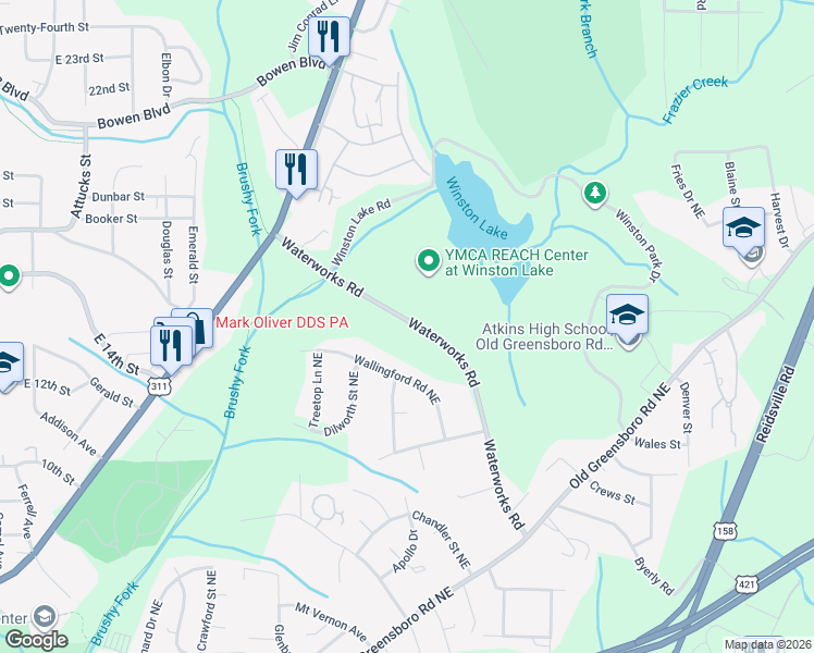 map of restaurants, bars, coffee shops, grocery stores, and more near 2631 Wallingford Road Northeast in Winston-Salem