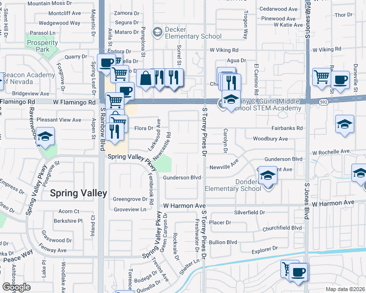 map of restaurants, bars, coffee shops, grocery stores, and more near 6596 Treadway Lane in Las Vegas