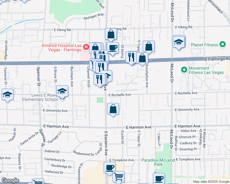 map of restaurants, bars, coffee shops, grocery stores, and more near 2469 Swan Lane in Las Vegas