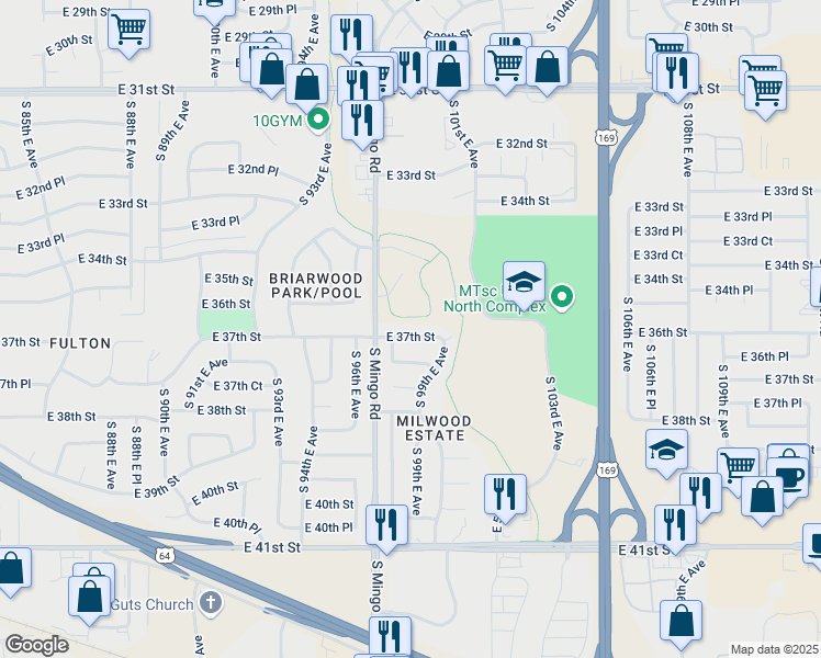 map of restaurants, bars, coffee shops, grocery stores, and more near 9819 East 37th Street in Tulsa