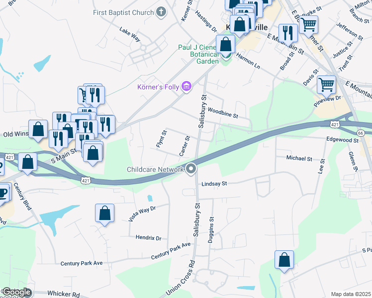map of restaurants, bars, coffee shops, grocery stores, and more near 713 Carter Street in Kernersville