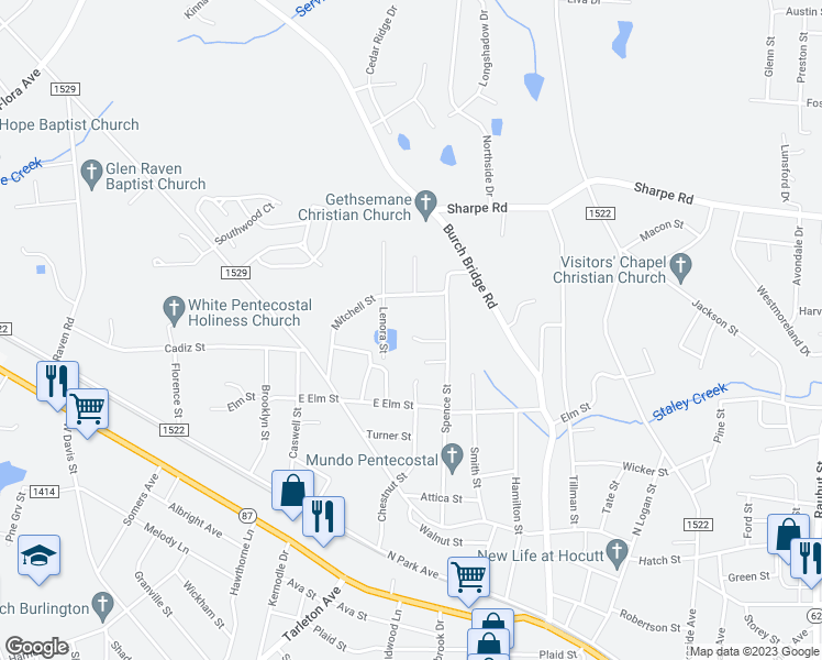 map of restaurants, bars, coffee shops, grocery stores, and more near 1139 Spence Court in Burlington