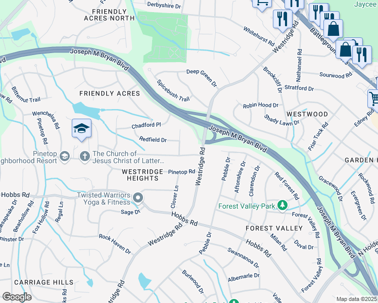 map of restaurants, bars, coffee shops, grocery stores, and more near 3502 Gramercy Road in Greensboro