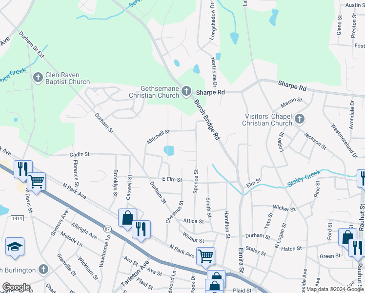 map of restaurants, bars, coffee shops, grocery stores, and more near 1135 Spence Court in Burlington