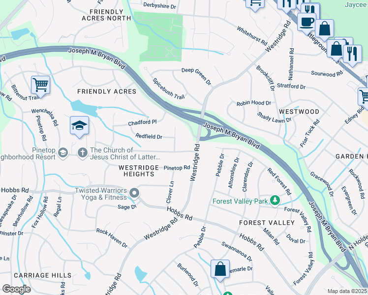 map of restaurants, bars, coffee shops, grocery stores, and more near 3502 Gramercy Road in Greensboro
