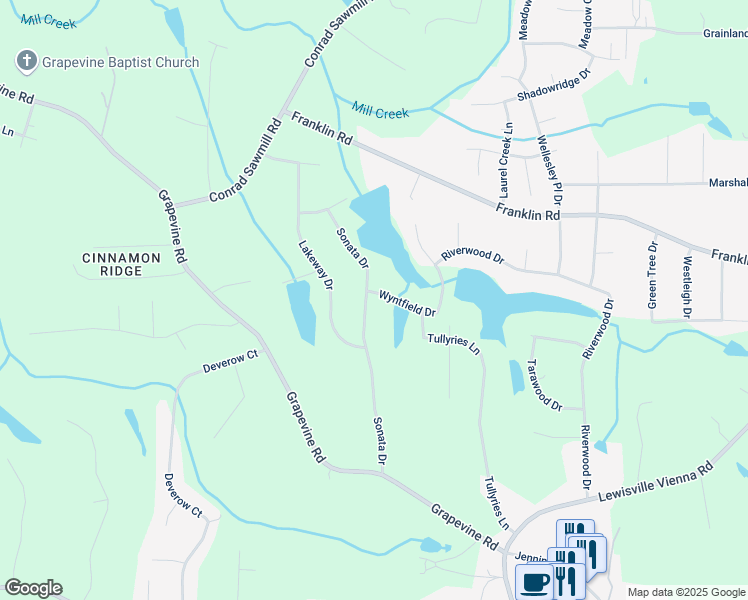map of restaurants, bars, coffee shops, grocery stores, and more near 205 Sonata Drive in Lewisville