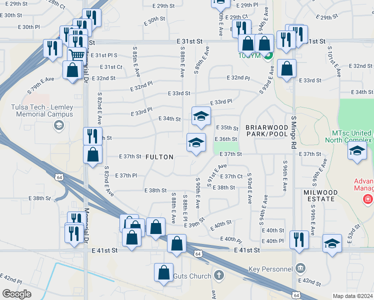 map of restaurants, bars, coffee shops, grocery stores, and more near 8827 East 37th Street in Tulsa