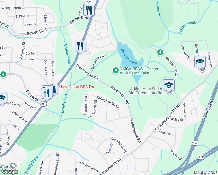 map of restaurants, bars, coffee shops, grocery stores, and more near 2631 Wallingford Road Northeast in Winston-Salem