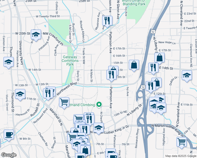 map of restaurants, bars, coffee shops, grocery stores, and more near 1330 North Chestnut Street in Winston-Salem