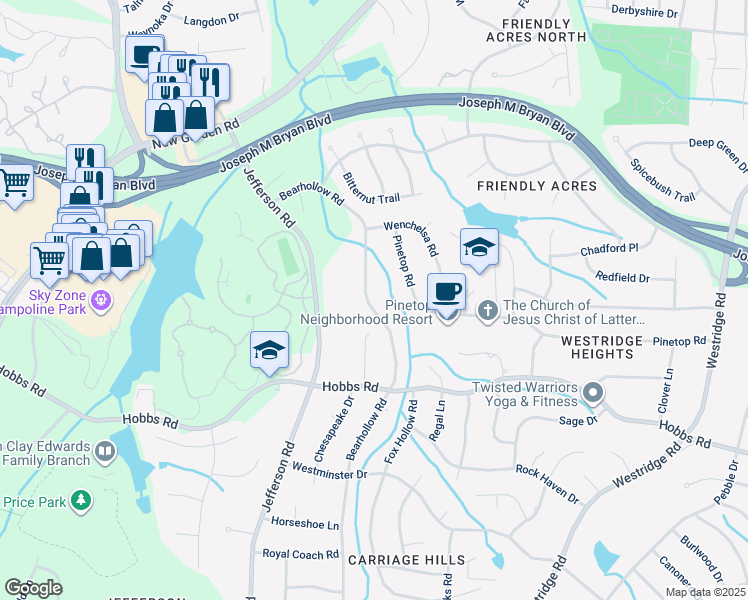 map of restaurants, bars, coffee shops, grocery stores, and more near 1824 Bearhollow Road in Greensboro