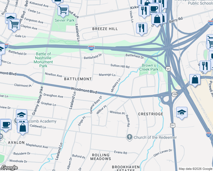 map of restaurants, bars, coffee shops, grocery stores, and more near 2977-2985 McNairy Lane in Nashville