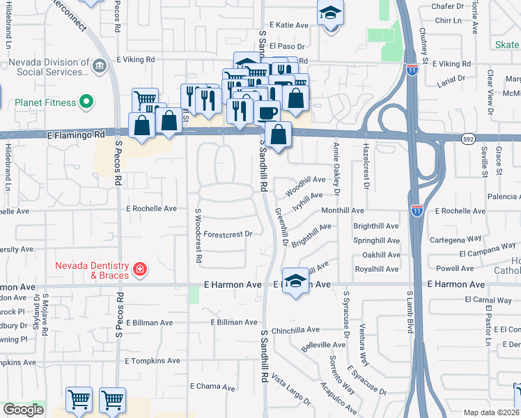 map of restaurants, bars, coffee shops, grocery stores, and more near 4336 Ridgecrest Drive in Las Vegas