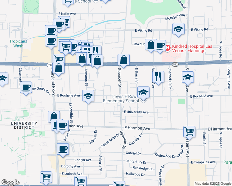 map of restaurants, bars, coffee shops, grocery stores, and more near 4255 Spencer Street in Las Vegas