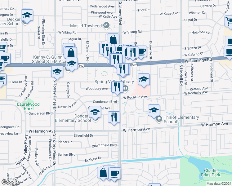 map of restaurants, bars, coffee shops, grocery stores, and more near 45 Hillridge Street in Las Vegas