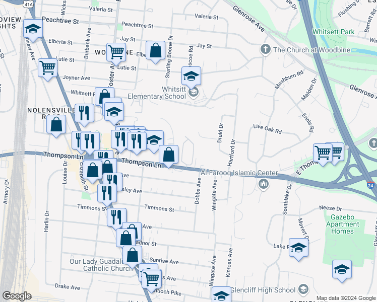 map of restaurants, bars, coffee shops, grocery stores, and more near 108 Thompson Lane in Nashville