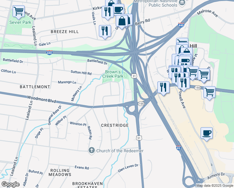 map of restaurants, bars, coffee shops, grocery stores, and more near 837 Crestridge Drive in Nashville