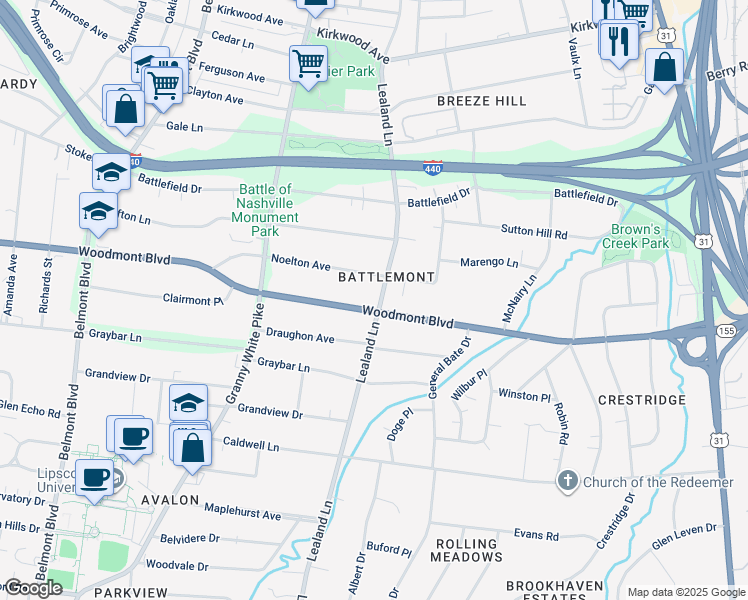 map of restaurants, bars, coffee shops, grocery stores, and more near 3416 Lealand Lane in Nashville