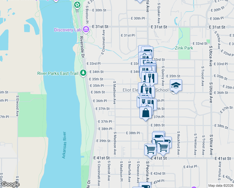 map of restaurants, bars, coffee shops, grocery stores, and more near 967 East 36th Place in Tulsa