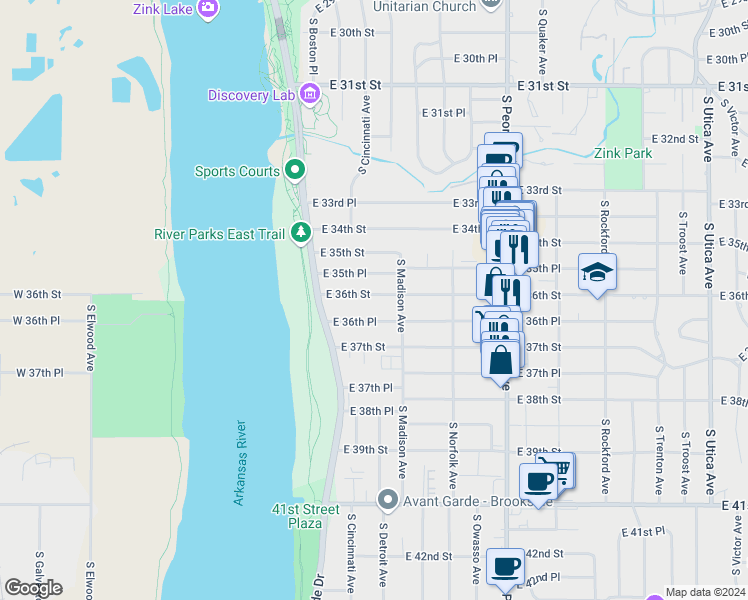 map of restaurants, bars, coffee shops, grocery stores, and more near 935 East 36th Place in Tulsa