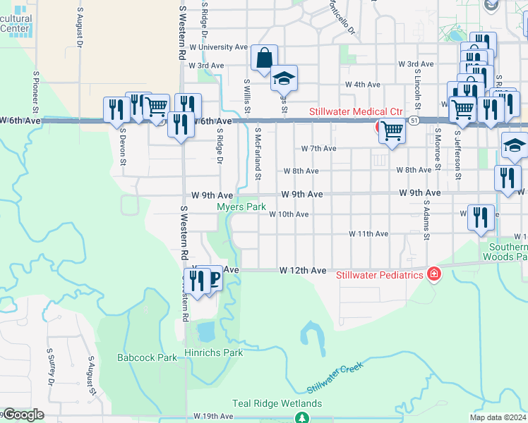 map of restaurants, bars, coffee shops, grocery stores, and more near 2001 West 10th Avenue in Stillwater