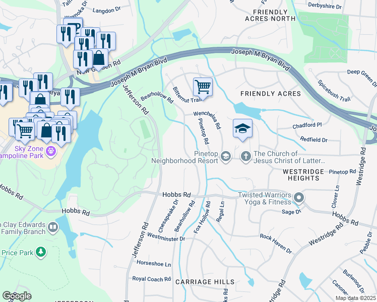 map of restaurants, bars, coffee shops, grocery stores, and more near 1824 Bearhollow Road in Greensboro
