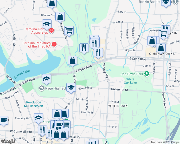 map of restaurants, bars, coffee shops, grocery stores, and more near 926 East Cone Boulevard in Greensboro