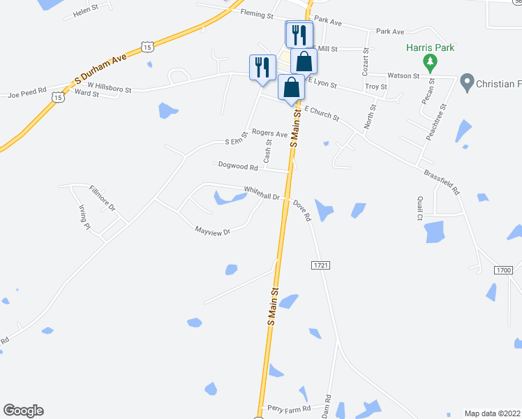 map of restaurants, bars, coffee shops, grocery stores, and more near 415 Mayview Drive in Creedmoor