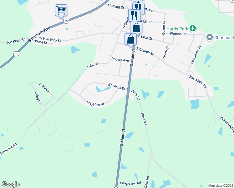 map of restaurants, bars, coffee shops, grocery stores, and more near 415 Mayview Drive in Creedmoor